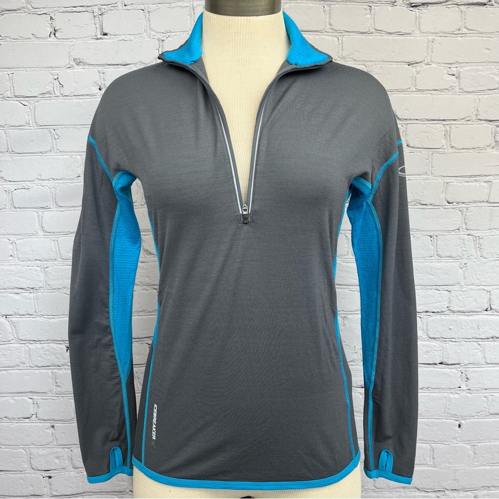Icebreaker GT 200 Merino Wool 1/2 Zip Long Sleeve Pullover Gray/Turquoise Sz S